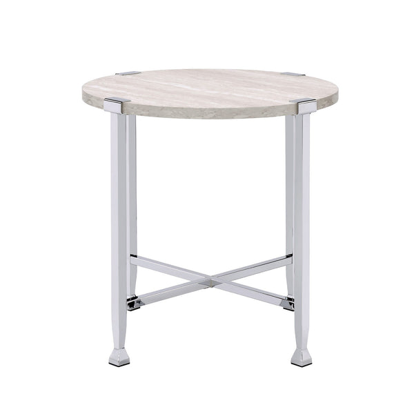 English Elm Round End Table with Modern White Oak Top and Chrome X-Base — Sleek Accent Table for Living Rooms B016P314065