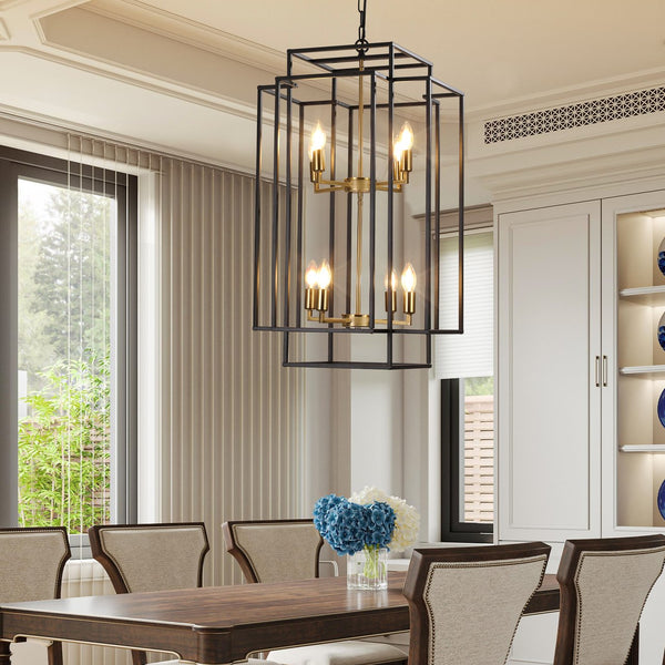 English Elm 18" Modern 8-Light Geometric Pendant Chandelier, Industrial Metal Frame, Adjustable 60" Drop, Stylish Lighting Black+Gold W2312P374788