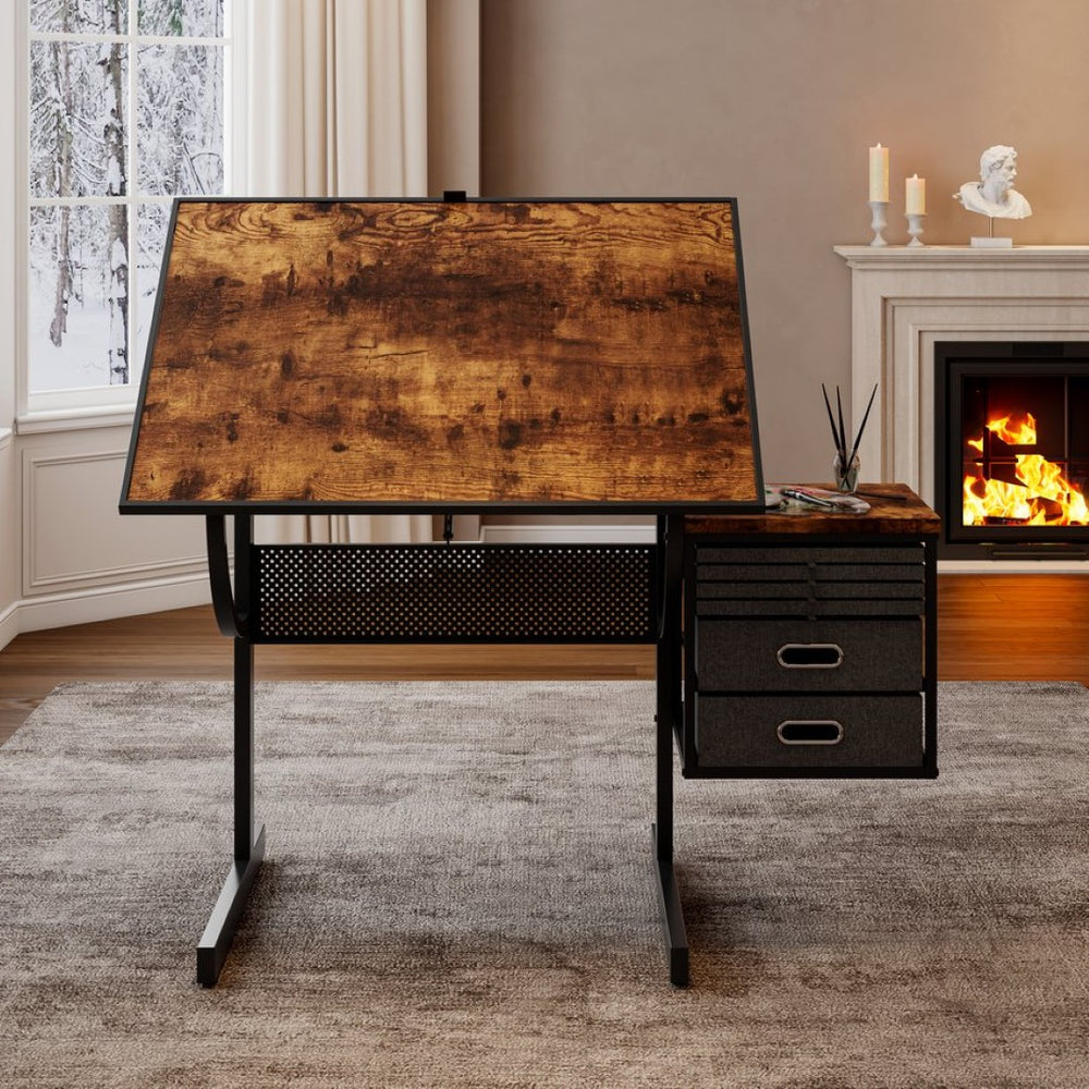 English Elm 1500 Piece Puzzle Table with Tilting Surface Four Felt Trays and Built-in Storage Drawers W347P396030