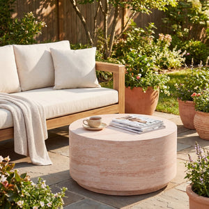 English Elm 27.5" Round Mgo Coffee Table Travertine Stone Finish Indoor Outdoor Patio Use N772P306665T