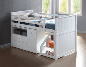 English Elm Wyatt Twin Loft Bed Set with Swivel Desk, 2-Drawer Chest & Storage Ladder in Sleek White Finish B2726S00223
