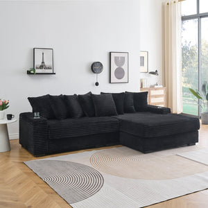 English Elm 111.4 Corduroy L-shaped Sofa with Chaise, Cup Holder & Storage Armrest, Solid Wood Frame, 500lb Capacity Black W1658S00133