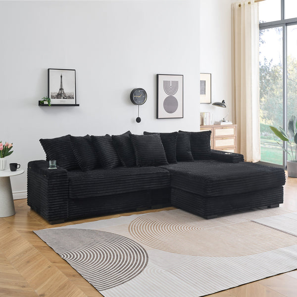 English Elm 111.4 Corduroy L-shaped Sofa with Chaise, Cup Holder & Storage Armrest, Solid Wood Frame, 500lb Capacity Black W1658S00133