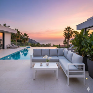 English Elm 4-piece Aluminum Modular Outdoor Sectional Set Seats 7 with Cushions and Wpc Table B082S00081