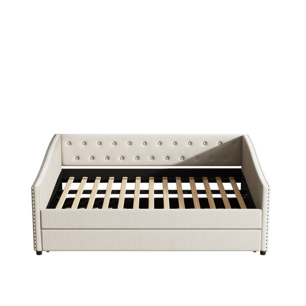 English Elm Full Size Daybed With Twin Trundle - Elegant Upholstered Sofa Bed With Tufted Back & Nailhead Trim W2336S00037