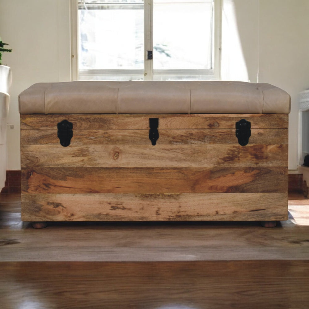 English Elm Beige Buffalo Hide Leather Storage Trunk Handcrafted Mango Wood Bench with Tufted Seat & Latches B182P292087