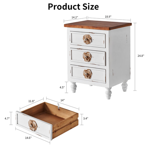 English Elm Vintage Farmhouse End Table with Floral Knobs 3-Drawer Rustic Nightstand Solid Wood Accents Antique White,Walnut W3306P318861