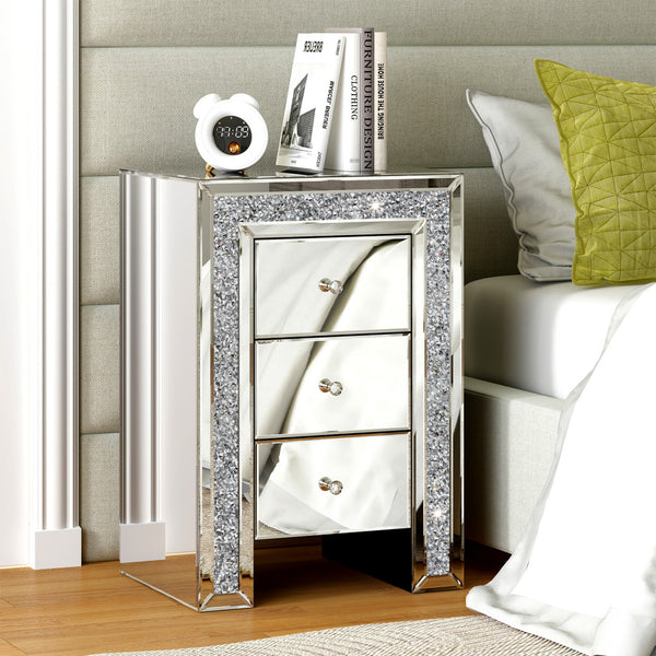 Homeroots 27" Silver Three Drawer Mirrored Nightstand   499317