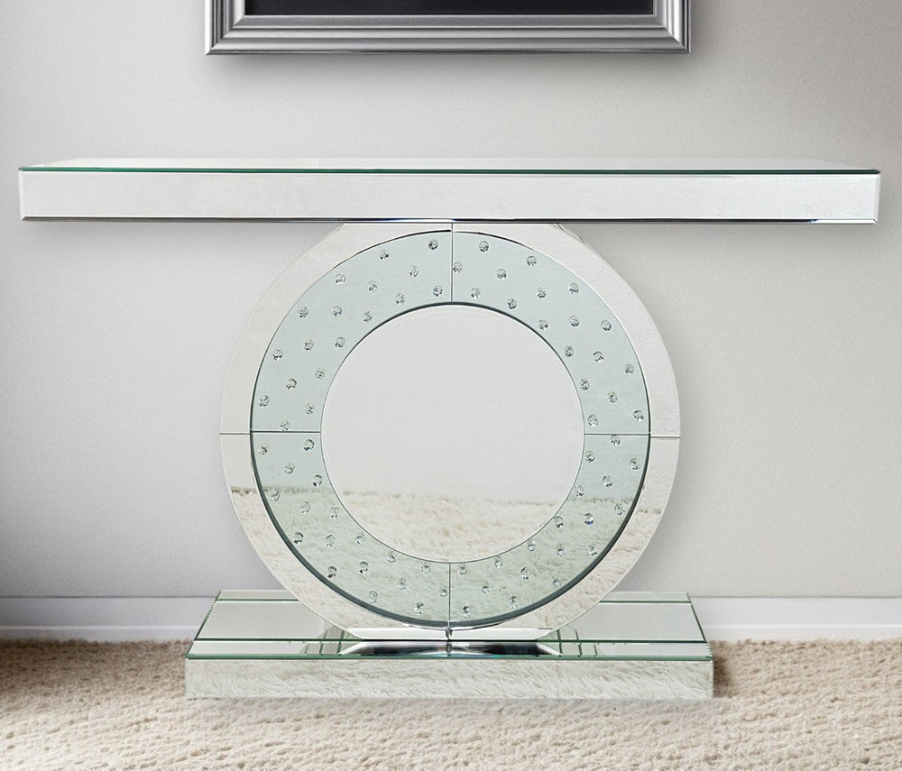 HomeRoots 47" Silver Mirrored Glass Pedestal Console Table - Chic Slim Design for Entryways, Living, Home Office 499319