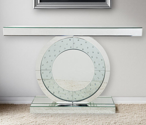 HomeRoots 47" Silver Mirrored Glass Pedestal Console Table - Chic Slim Design for Entryways, Living, Home Office 499319