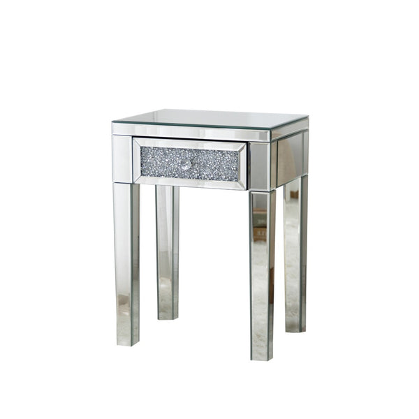 HomeRoots 23" Silver Mirrored End Table with Drawer – Glamorous Modern Design for Living Room & Bedroom Accents 499320