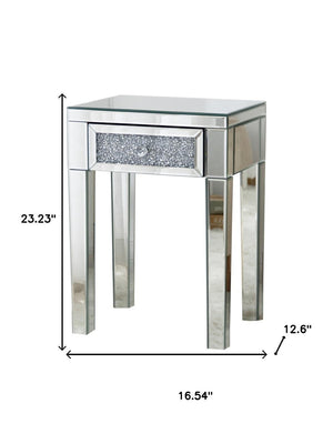HomeRoots 23" Silver Mirrored End Table with Drawer – Glamorous Modern Design for Living Room & Bedroom Accents 499320
