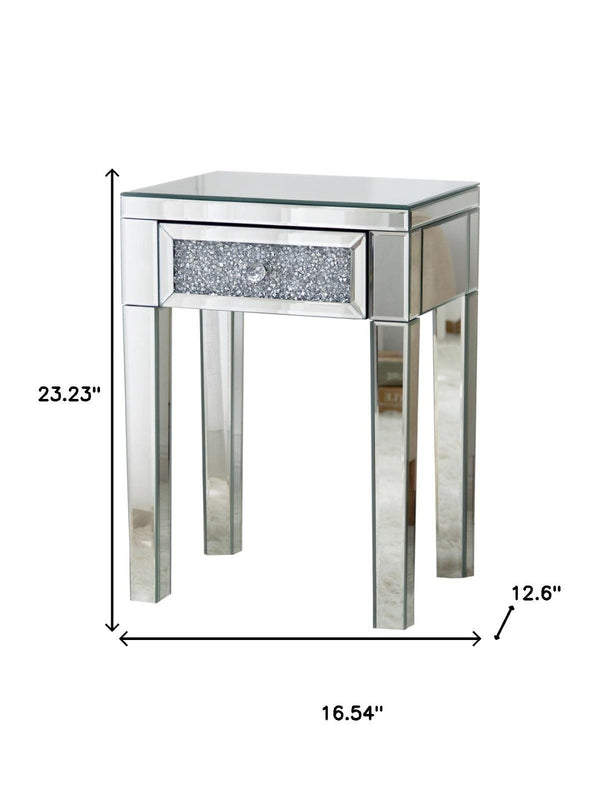 HomeRoots 23" Silver Mirrored End Table with Drawer – Glamorous Modern Design for Living Room & Bedroom Accents 499320