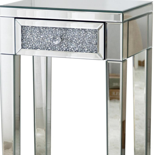 HomeRoots 23" Silver Mirrored End Table with Drawer – Glamorous Modern Design for Living Room & Bedroom Accents 499320