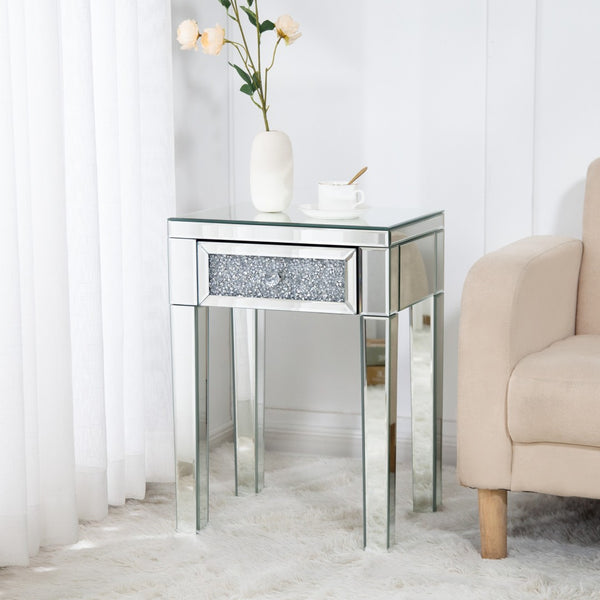 HomeRoots 23" Silver Mirrored End Table with Drawer – Glamorous Modern Design for Living Room & Bedroom Accents 499320