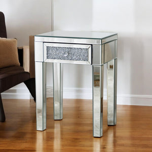 HomeRoots 23" Silver Mirrored End Table with Drawer – Glamorous Modern Design for Living Room & Bedroom Accents 499320