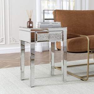 HomeRoots 23" Silver Mirrored End Table with Drawer – Glamorous Modern Design for Living Room & Bedroom Accents 499320