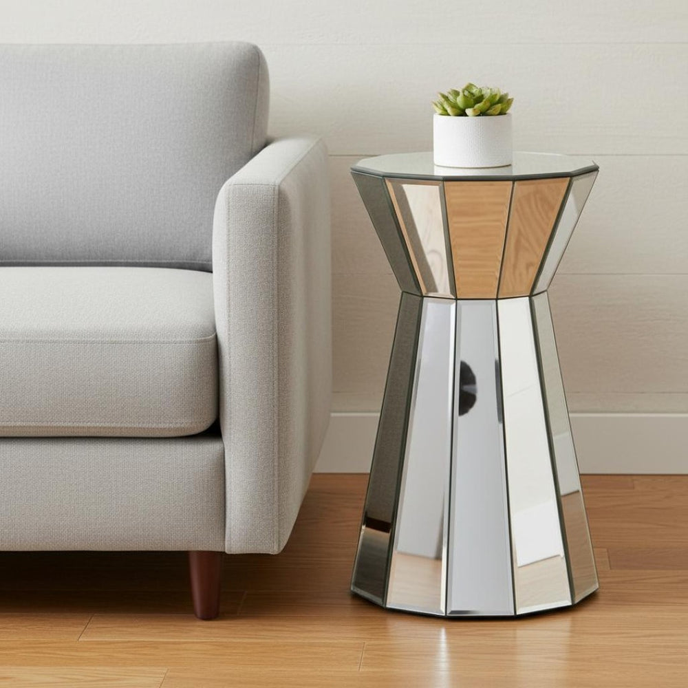 HomeRoots 22" Silver Glass Round Mirrored End Table – Glamorous Accent for Modern Living Rooms & Bedrooms 499321