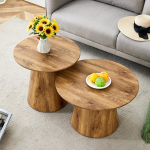 English Elm Nested Round Coffee Table Set Two Piece Wood Grain Veneer for Living Room or Office W2920S00112