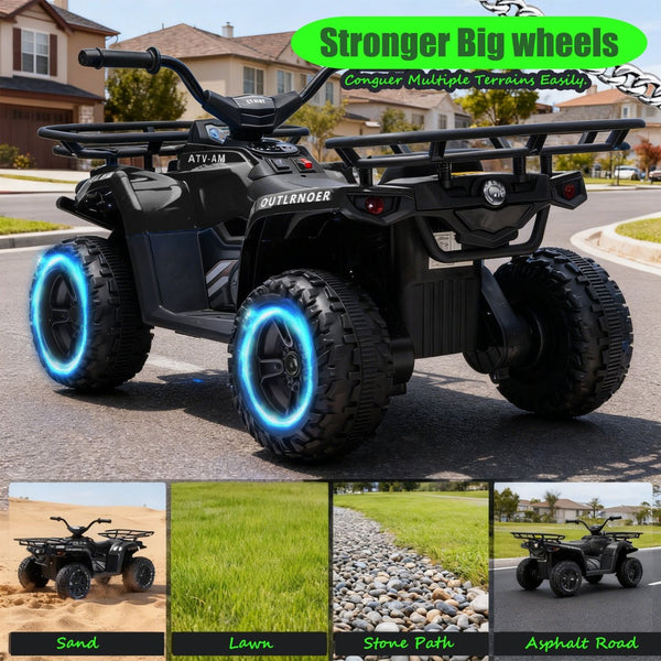 English Elm 24v Dual Motor Kids Atv Ride on with Led Lights Bluetooth Storage Racks Off Road Black W1578P390448