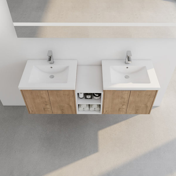 English Elm 60 Inch Wall Mounted Vanity with Dual Resin Sinks, Soft Close Doors, Metal Handles & Shelves Durable Finish Imitative Oak W999S00186