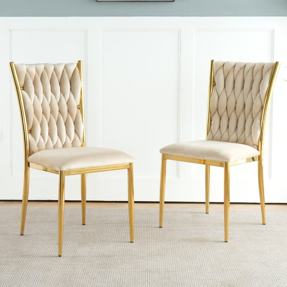 English Elm Modern Velvet Upholstered Dining Chairs with Gold Metal Legs Elegant Set of Two Beige W210P309920