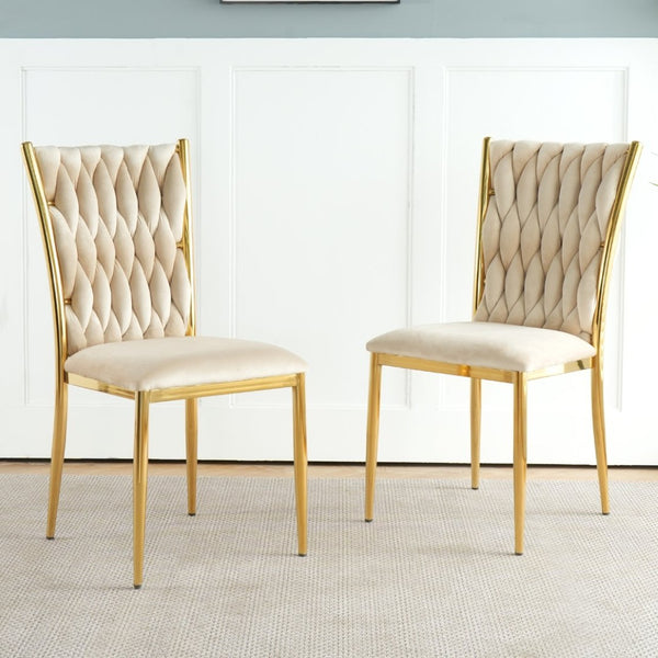 English Elm Modern Velvet Upholstered Dining Chairs with Gold Metal Legs Elegant Set of Two Beige W210P309920