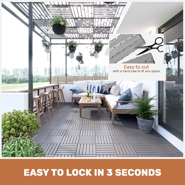 English Elm 20 Interlocking Deck Tiles 12"x12" Acacia Hardwood Outdoor Flooring Waterproof Anti-Mold Patio Poolside Decor Light Gray W2391P276694