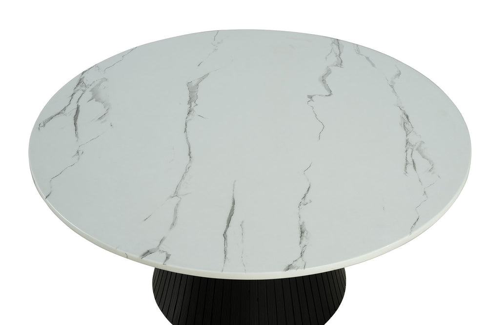 English Elm Contemporary Round Cocktail Table With Faux Marble Top & Black Reeded Drum Base For Modern Living B2741S00615