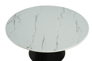 English Elm Contemporary Round Cocktail Table With Faux Marble Top & Black Reeded Drum Base For Modern Living B2741S00615
