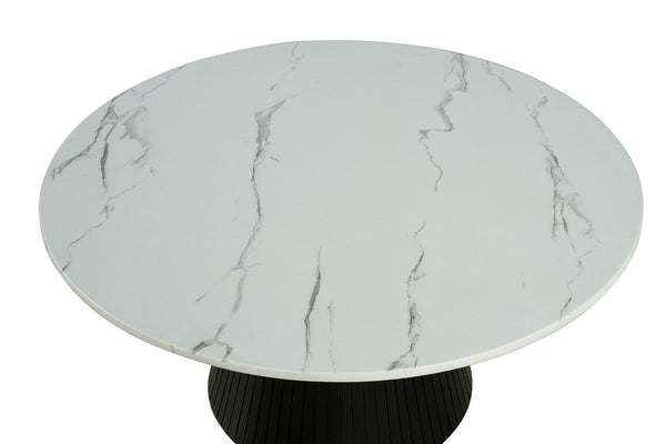 English Elm Contemporary Round Cocktail Table With Faux Marble Top & Black Reeded Drum Base For Modern Living B2741S00615
