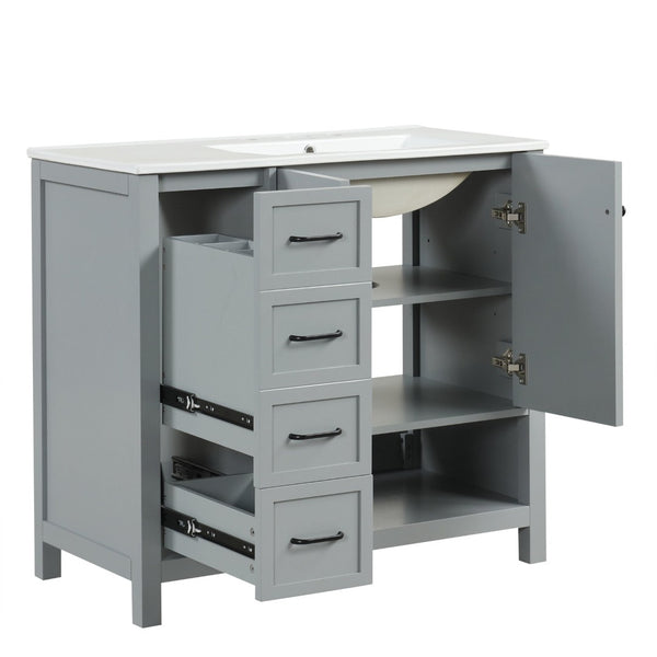 English Elm 36" Freestanding Bathroom Vanity Solid Wood Mdf Cabinet Ceramic Undermount Sink Open Shelf Grey N725P364203E