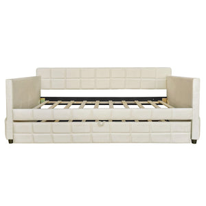 English Elm Modern Velvet Twin Daybed with Pull Out Trundle and Built in Armrest Storage Pockets Beige SF000200AAA