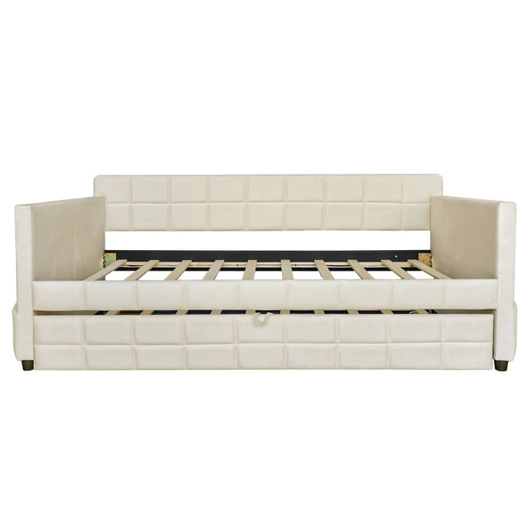 English Elm Modern Velvet Twin Daybed with Pull Out Trundle and Built in Armrest Storage Pockets Beige SF000200AAA