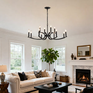 English Elm 12-light Industrial Farmhouse Chandelier Matte Black Metal for High Ceiling Spaces W5008P392712