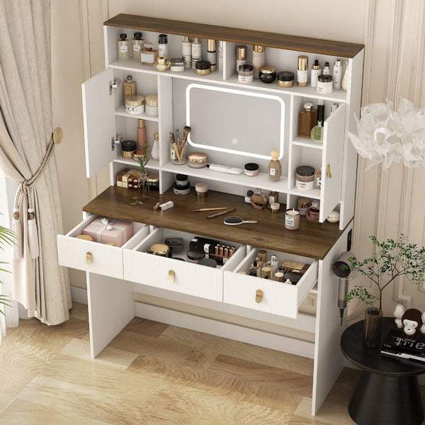 English Elm Farmhouse Vanity with Lighted Mirror Drawers and Styling Tool Storage for Bedroom W1321P423039