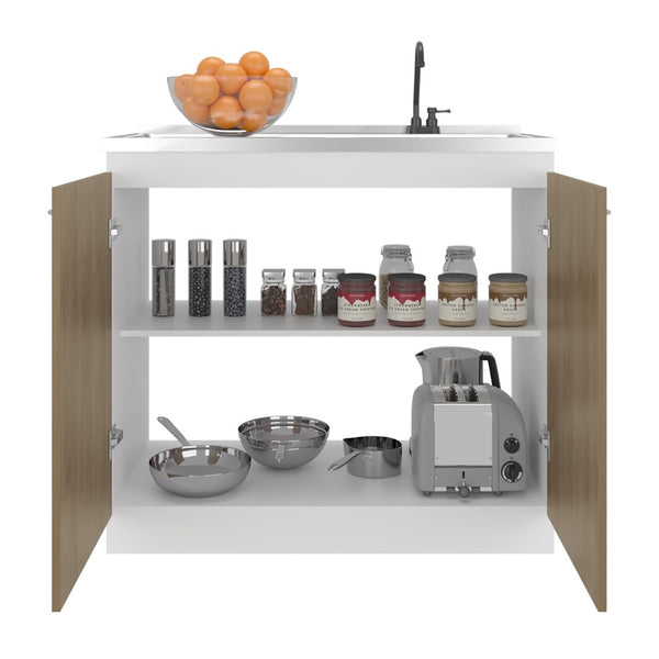 English Elm Napoles Freestanding Utility Sink Cabinet with Stainless Steel Top and Storage Shelves Natural+White B070S00407