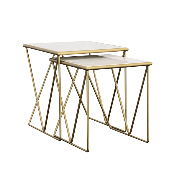 English Elm Sinclair White Marble Nesting Tables with Gold Iron Frame – Chic 2-Piece Accent Set for Modern Glam decor B062P333432