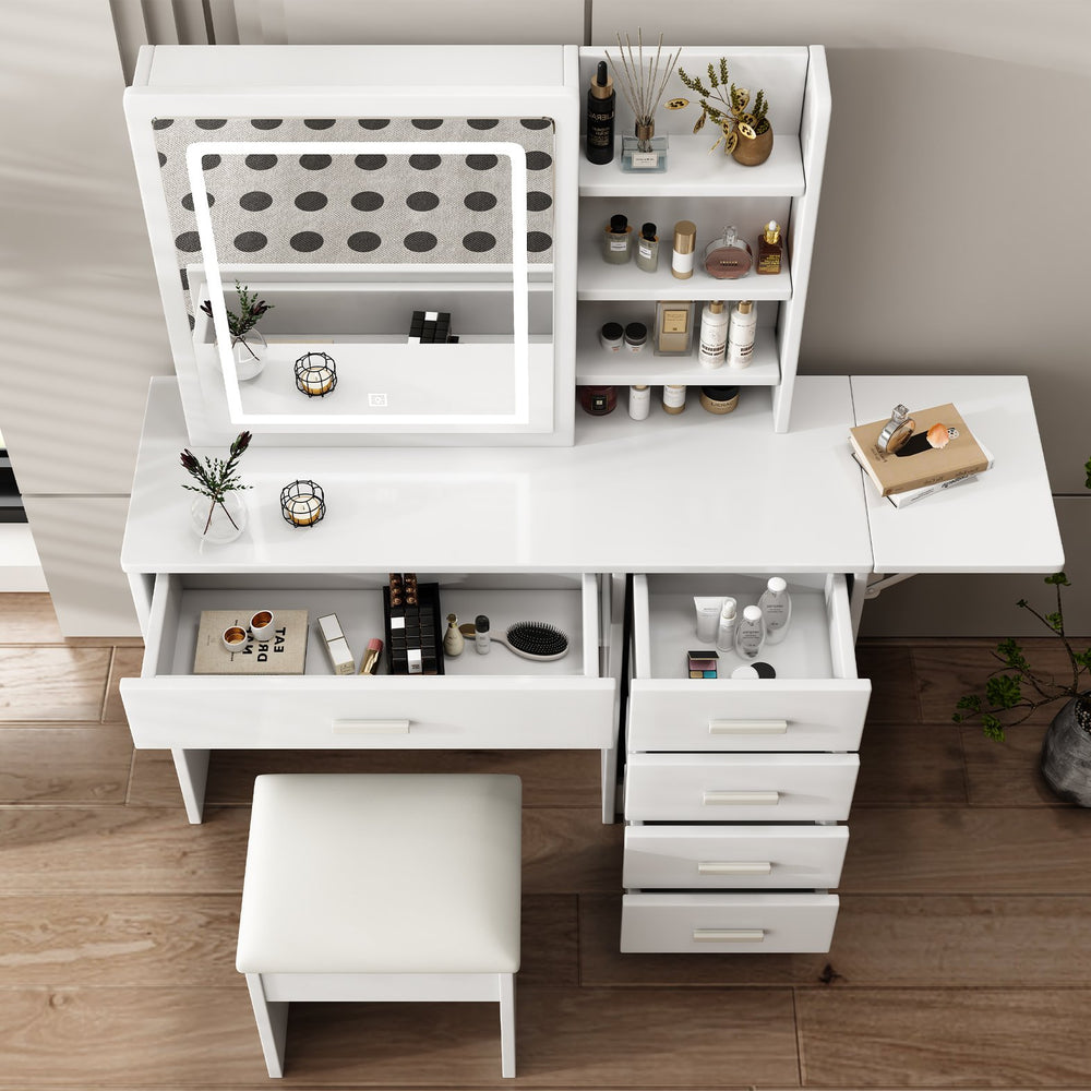 English Elm Fashion Vanity Desk With Adjustable Led Lighting, 5 Drawers, Elegant Mirror & Chair Set For Makeup W509P173272