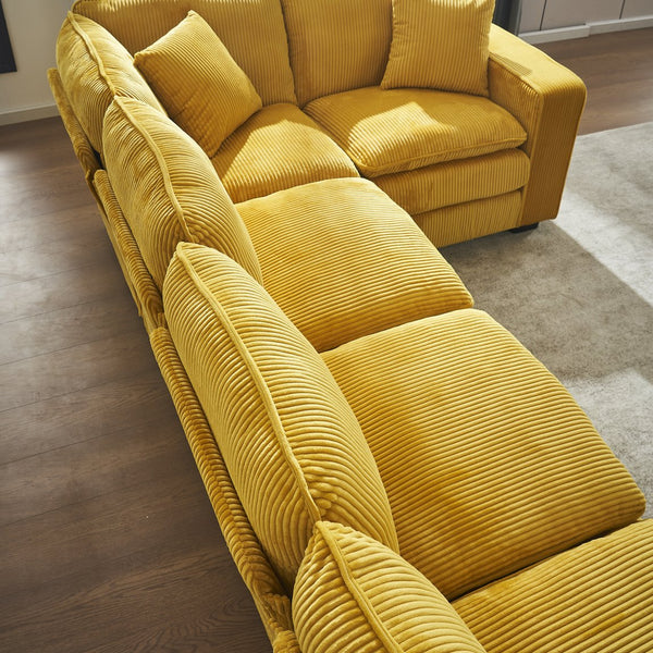 English Elm Modern U Shaped 6-Seat Sectional Sofa with Ottoman and 3 Toss Pillows, Corduroy Modular Comfort and Durable Frame Yellow W2363S00040
