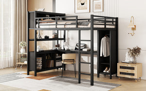 English Elm Metal Loft Bed With Integrated Desk, Wardrobe & Storage Cubes - Space-Saving Solution For All Ages W1580S00068