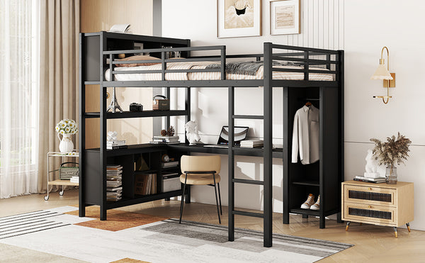 English Elm Metal Loft Bed With Integrated Desk, Wardrobe & Storage Cubes - Space-Saving Solution For All Ages W1580S00068