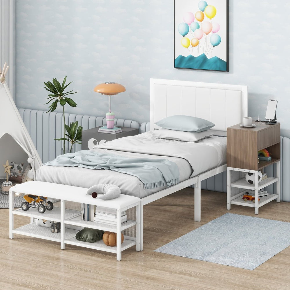 English Elm Twin Metal Platform Bed With Cushioned Footrest, Two-Tier Shelves & Wooden Storage Cabinet, White N737P199330K-GIGA