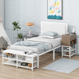 English Elm Twin Metal Platform Bed With Cushioned Footrest, Two-Tier Shelves & Wooden Storage Cabinet, White N737P199330K-GIGA