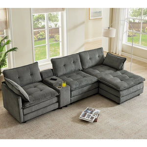 English Elm 119" Tufted Corduroy L-shaped Sectional with Ottoman Console Usb Charging 4 Seat Grey W1998S00102
