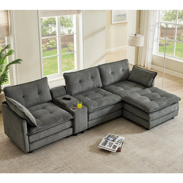 English Elm 119" Tufted Corduroy L-shaped Sectional with Ottoman Console Usb Charging 4 Seat Grey W1998S00102