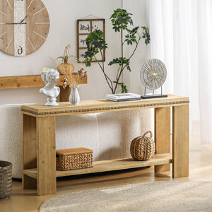 English Elm 63" Natural Wood Boho Console Table with Beaded Edge, 2-Tier Rustic Narrow Sofa Table for Entryways W3306P318859