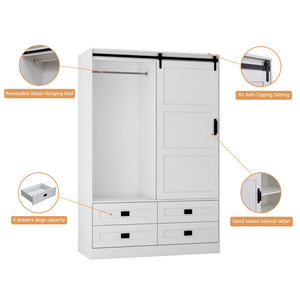 English Elm Tall Farmhouse Wardrobe Armoire with Sliding Barn Doors Drawers and Hanging Rod White W1321S00049