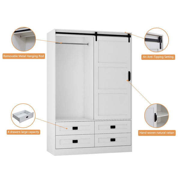 English Elm Tall Farmhouse Wardrobe Armoire with Sliding Barn Doors Drawers and Hanging Rod White W1321S00049