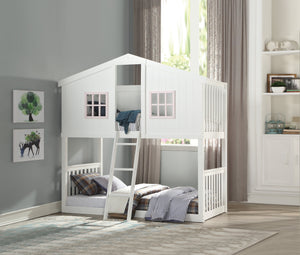 English Elm Rohan Twin-Over-Twin Cottage Bunk Bed in White & Pink – Solid Pine, 660lb Capacity, Playful Doorway Roof B2726S00268